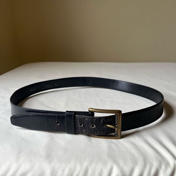 Vintage Aniline Leather Belt Black Solid Brass Buckle Worn In Distressed 36
